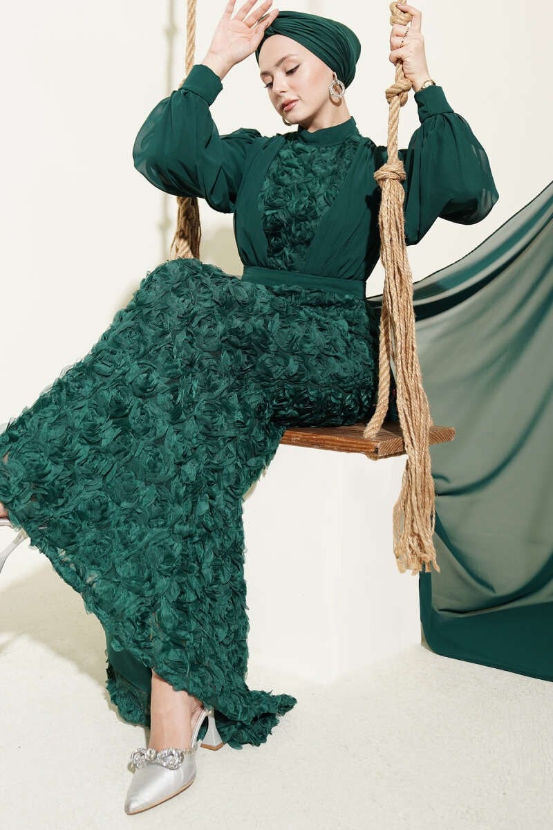 Floral Patterned Tulle Cape Evening Dress – Powder Pink & Emerald Green | Neomodest