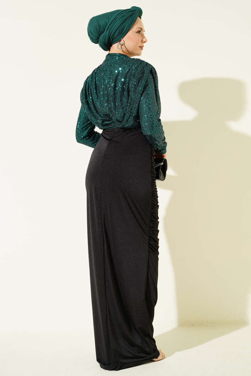 Silver & Emerald Green Sequined Evening Dress | Long Sleeve Modest Gown