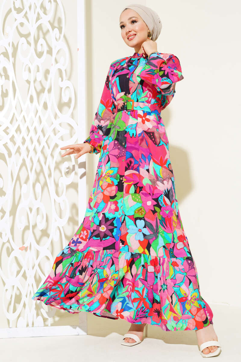 Mixed Pattern Button-Down Dress Fuchsia