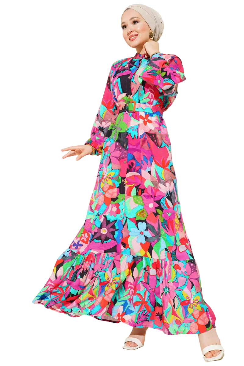 Mixed Pattern Button-Down Modest Dress | Fuchsia [Pre-Order]