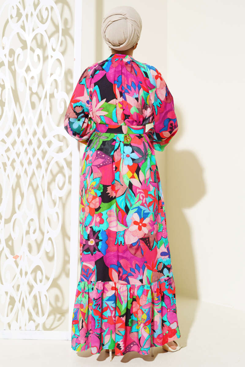 Mixed Pattern Button-Down Dress Fuchsia