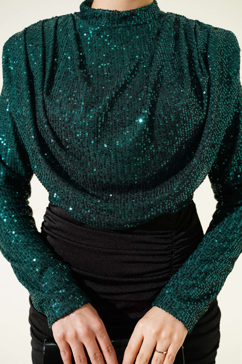 Silver & Emerald Green Sequined Evening Dress | Long Sleeve Modest Gown