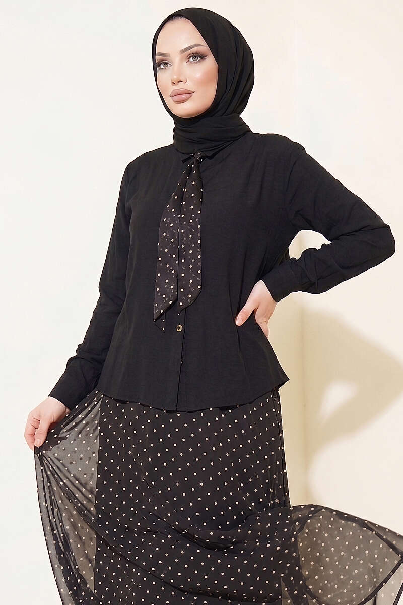 Polka Dot Patterned Two-Pieces Skirt and Scarf Set in Dark Brown