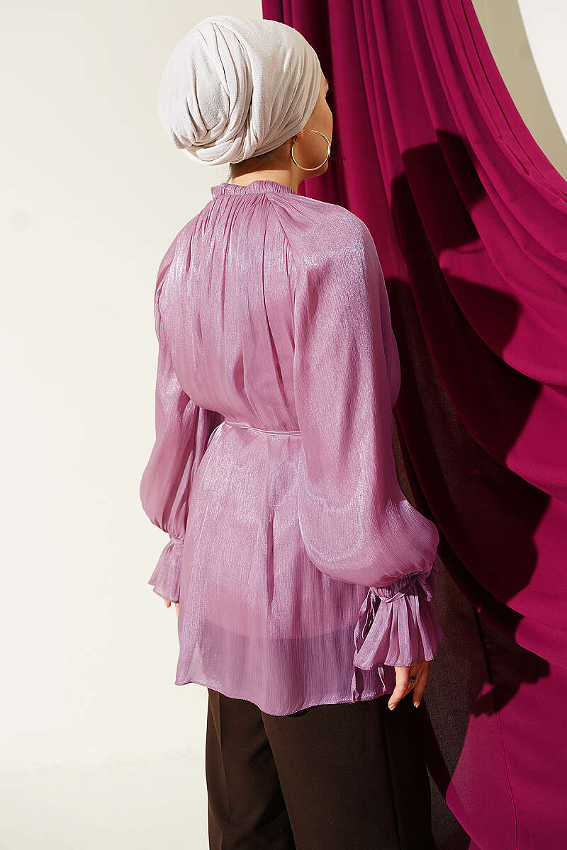 Rose Detail Evening Shirt | Navy Blue & Rose Pink | NEOMODEST London