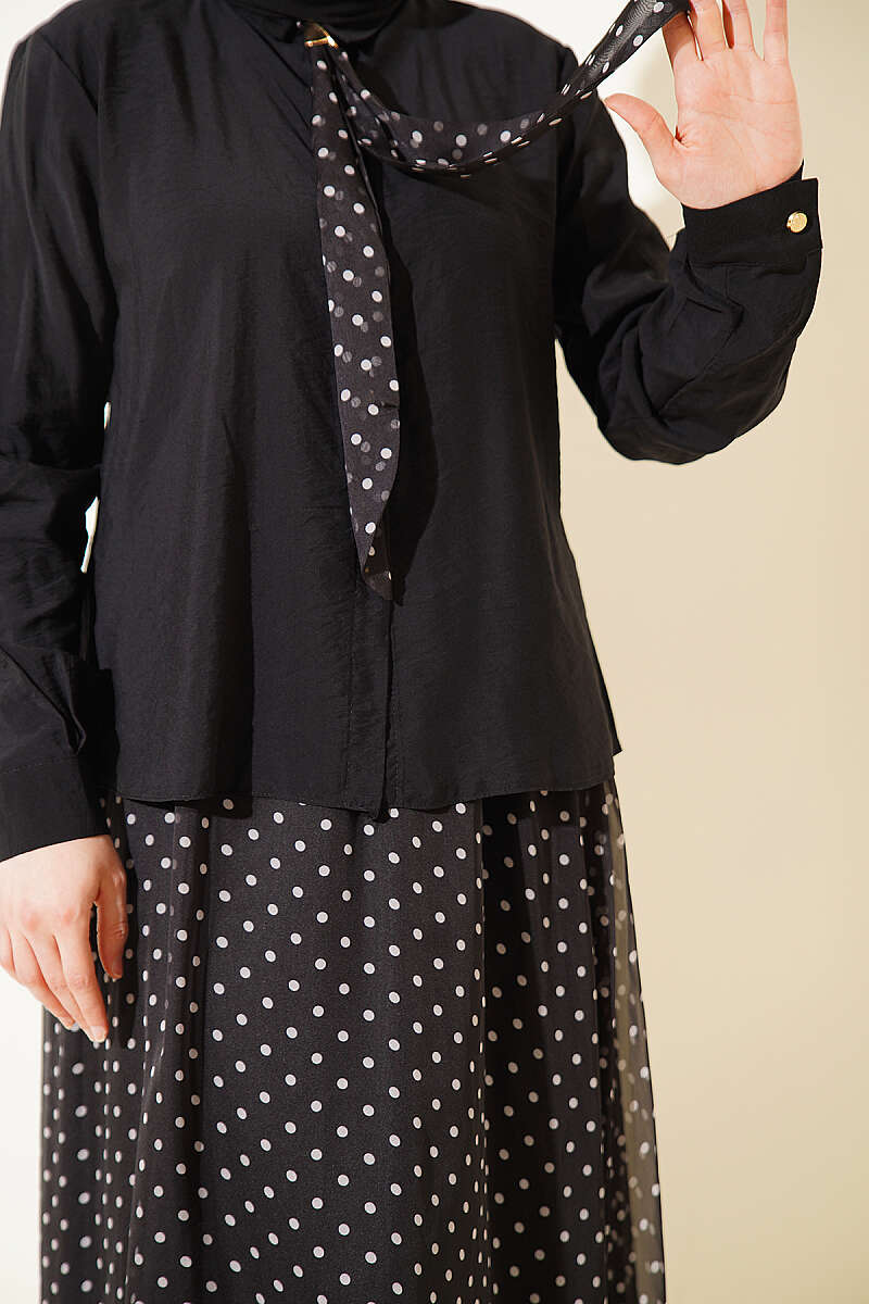 Polka Dot Patterned Two-Pieces Skirt and Scarf Set in Dark Brown