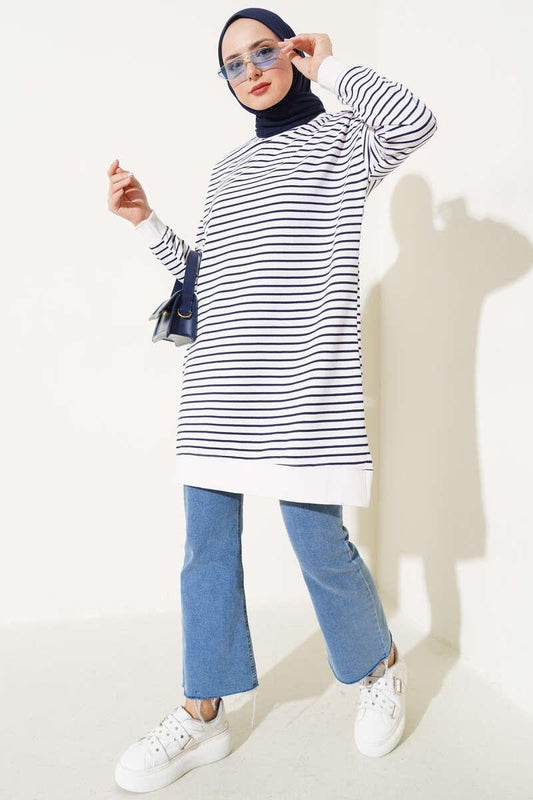 Striped Crew Neck Double Yarn Tunic-Navy Blue