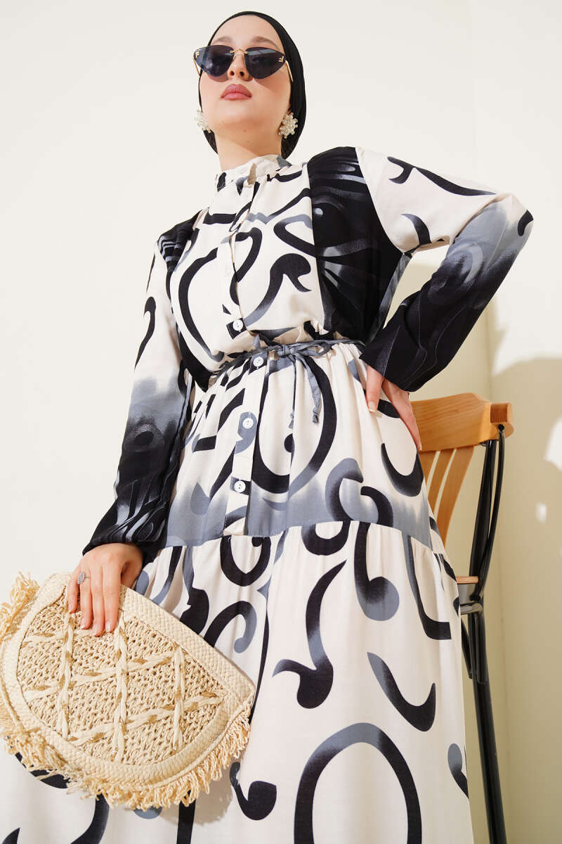 Purple & Black Buttoned Patterned Dress – Strappy Belt