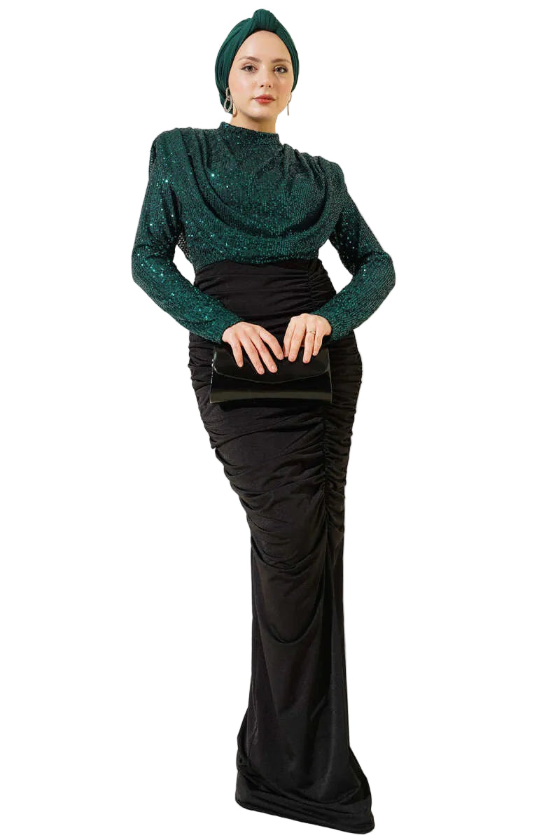 Silver & Emerald Green Sequined Evening Dress | Long Sleeve Modest Gown