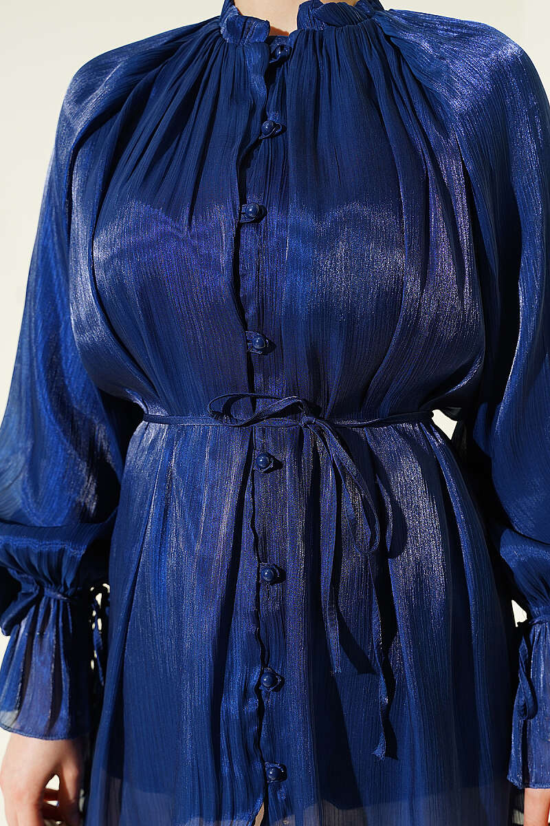 Rose Detail Evening Shirt | Navy Blue & Rose Pink | NEOMODEST London