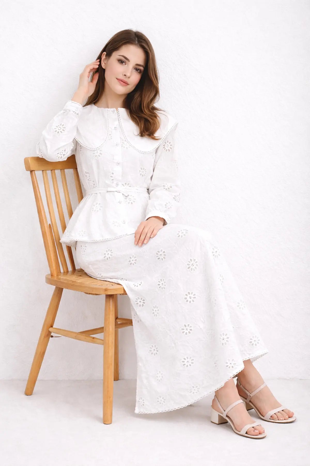 Baby Collar Laced White Co-ord Suit