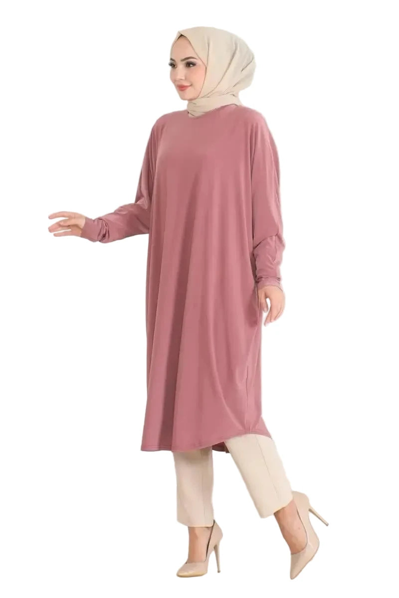 Bat Sleeve Loose Tunic Rose Pink – Front View | NEOMODEST