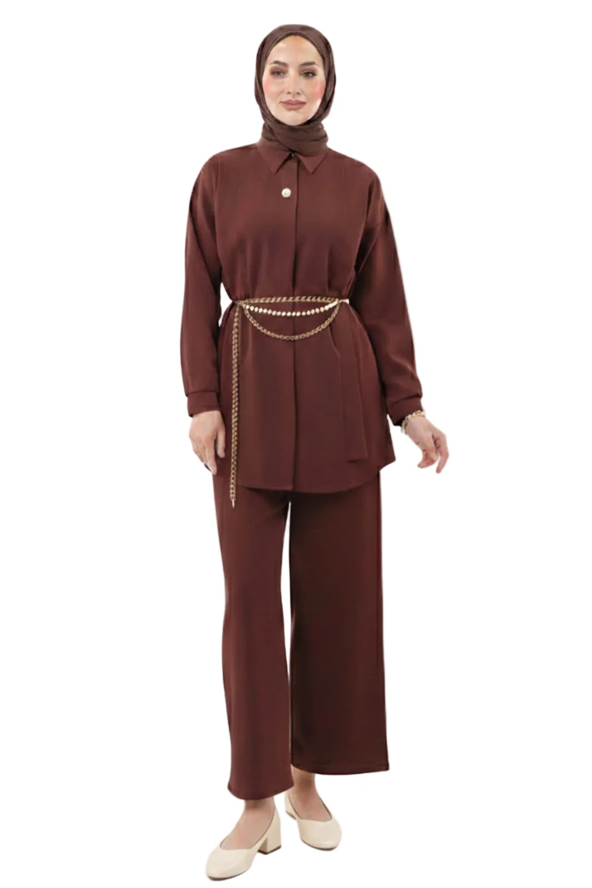Brooch Detailed Two-Pieces Co-ord Set – Brown