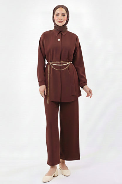 Brooch Detailed Two-Pieces Co-ord Set – Brown