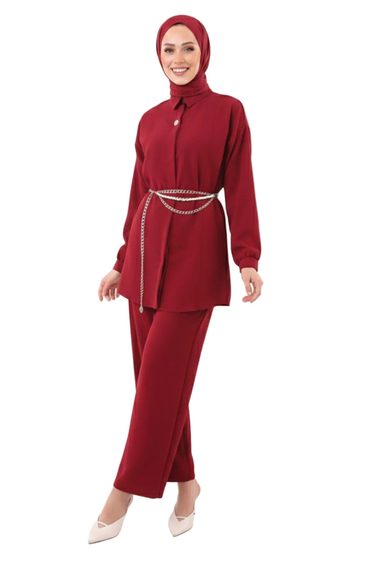 Brooch Detailed Two-pieces Modest Co-ord Set-Claret Red