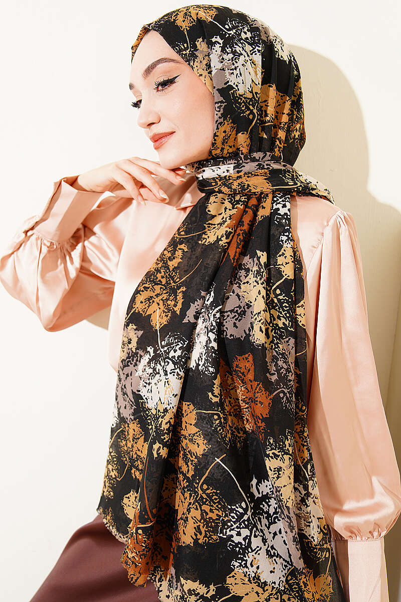 Leaf Pattern Aya Series Scarf Fuchsia, Mustard