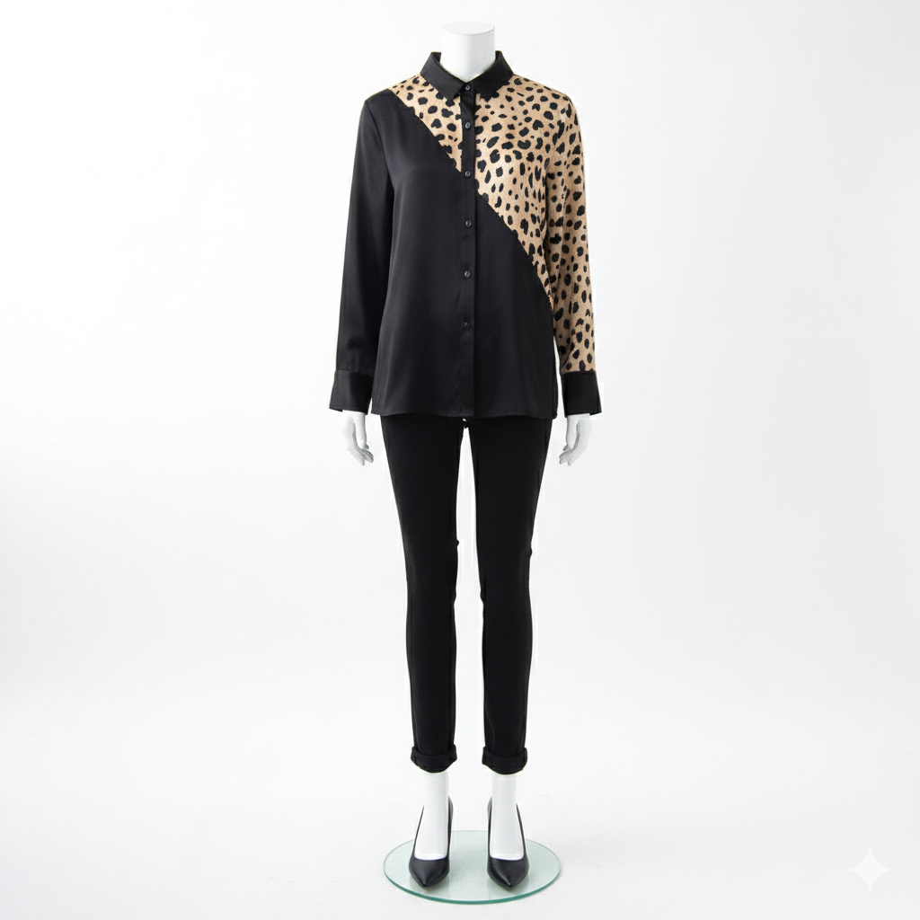 Mannequin wearing a black and leopard print shirt with black pants on a white background