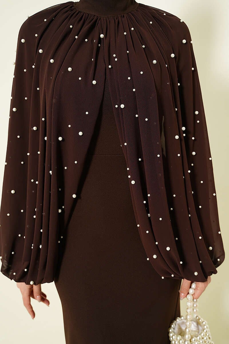 Pearl Detailed Steep Collared Evening Cape Dress [Pre-Order]