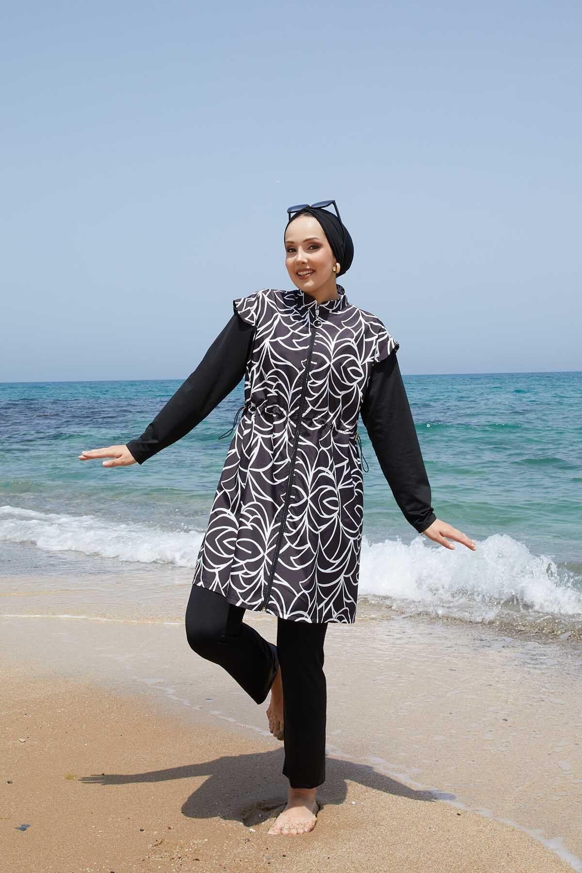 Metal Emblem Lycra Modest Swimsuit in Anthracite