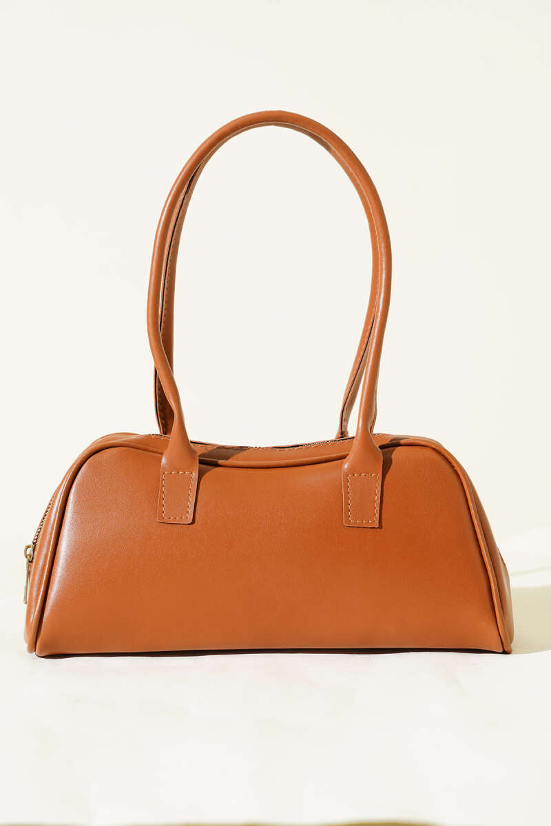Long-Handle Zippered Baguette Bag — Brown & Black