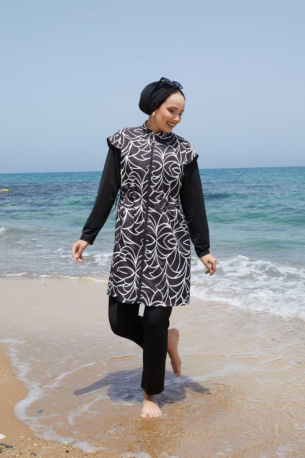 Metal Emblem Lycra Modest Swimsuit in Anthracite