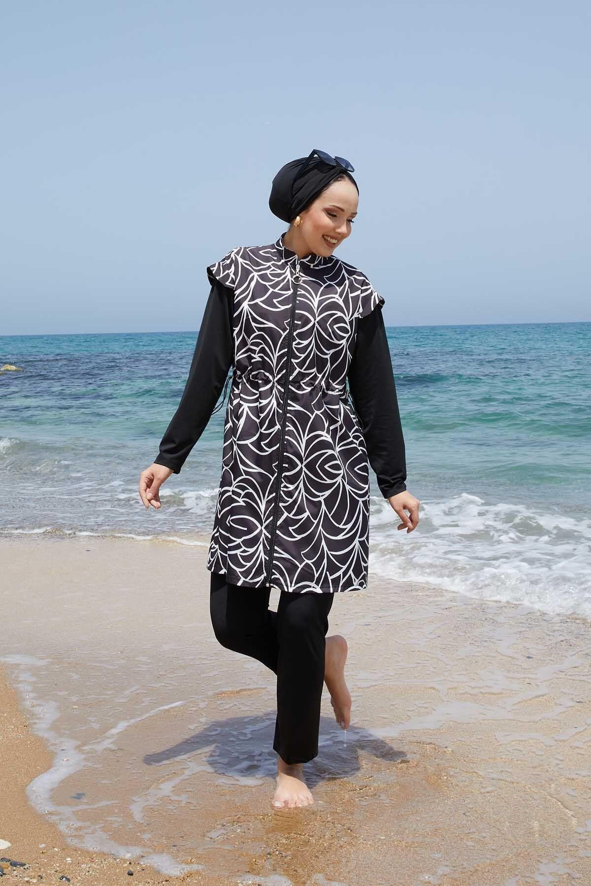 Metal Emblem Lycra Modest Swimsuit in Anthracite