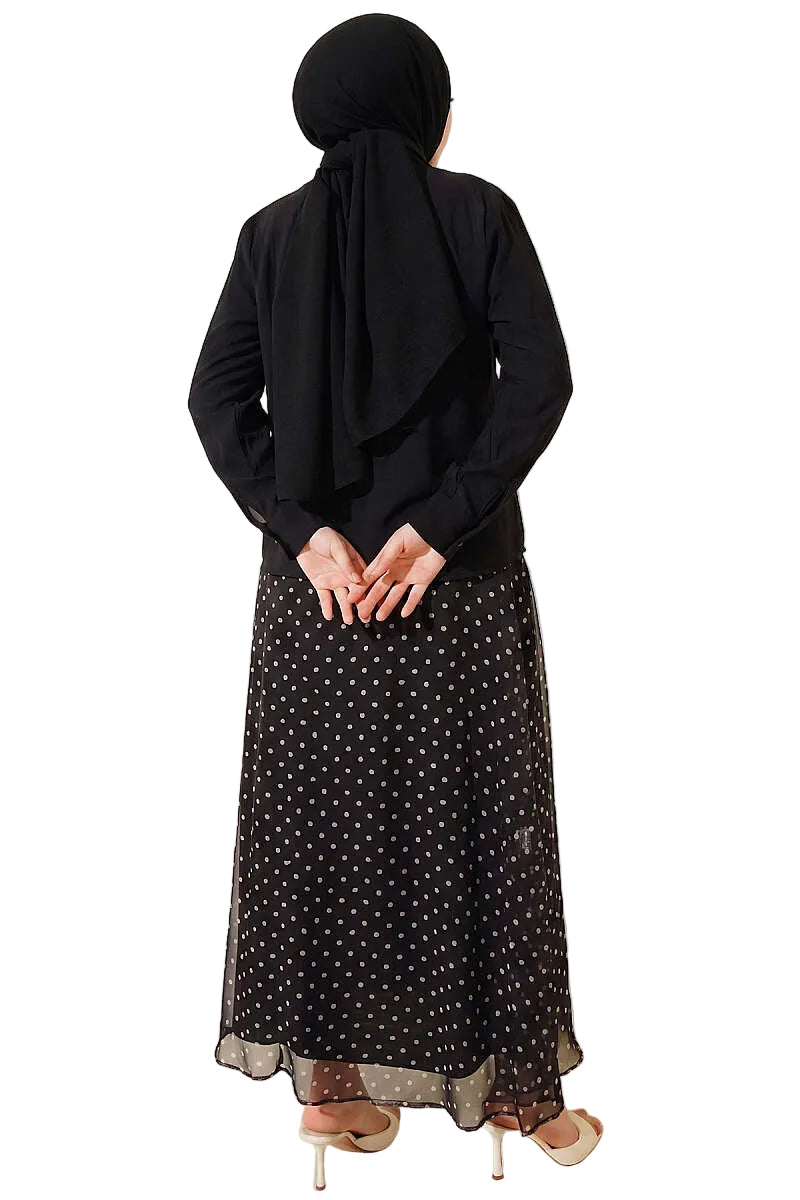 Polka Dot Patterned Two-Pieces Skirt and Scarf Set in Dark Brown