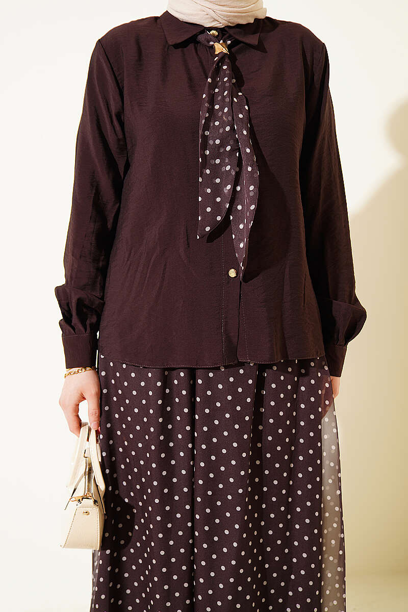 Polka Dot Patterned Two-Pieces Skirt and Scarf Set in Dark Brown