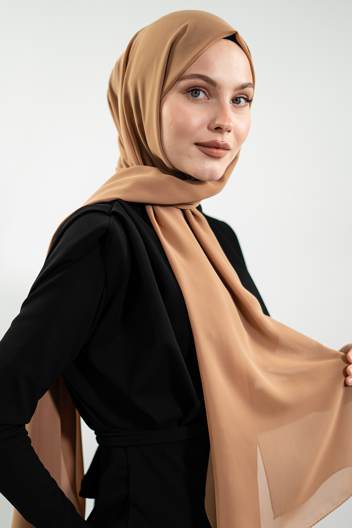 Premium Turkish Chiffon Hijab | Lightweight Summer Scarf – Powder Pink, White & Tan Brown