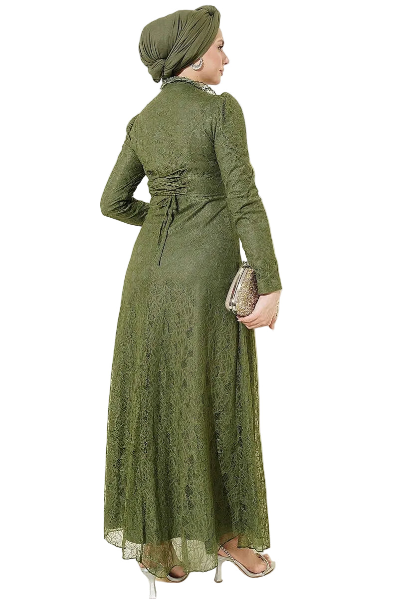 Buttoned Evening Lace Dress-Khaki