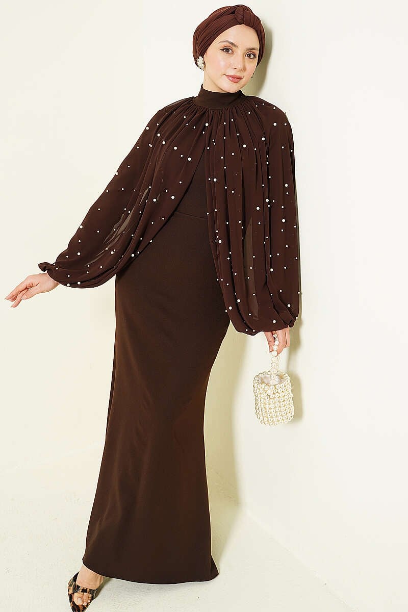 Pearl Detailed Steep Collared Evening Cape Dress [Pre-Order]