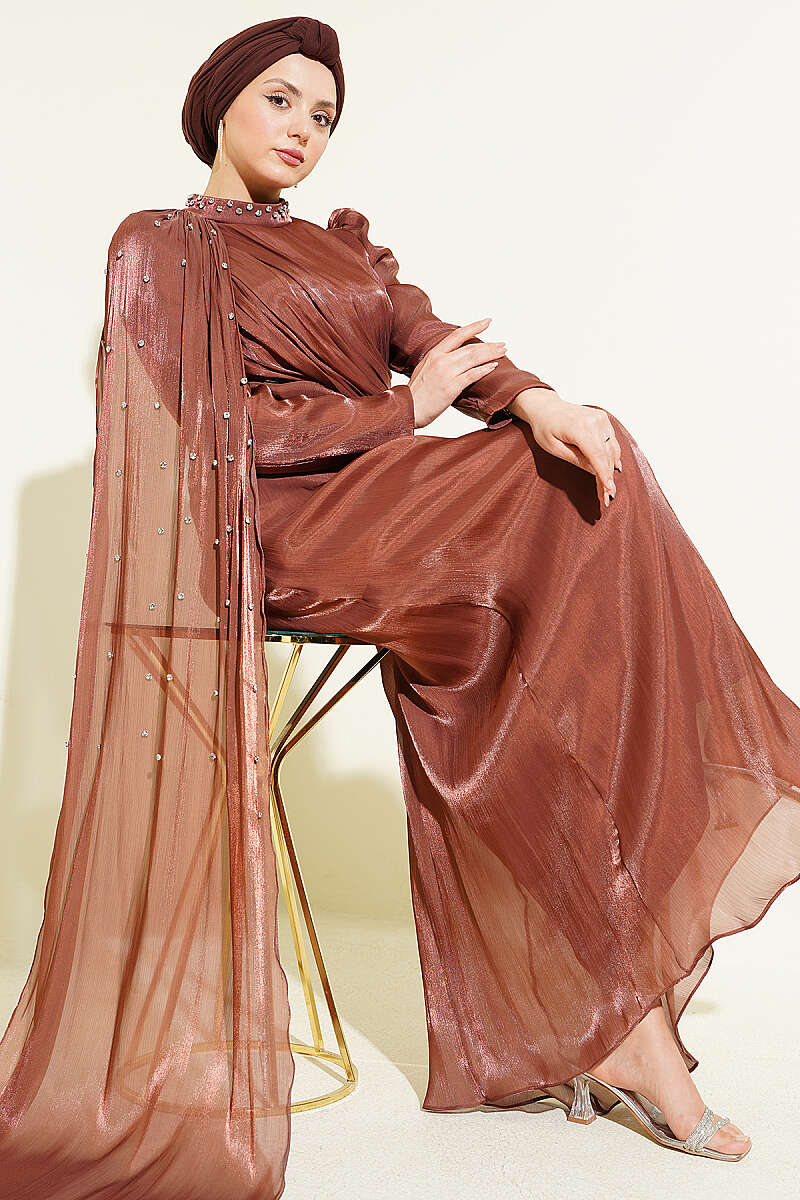 Modest One-Shoulder Cape Evening Dress with Embellishment – Brown