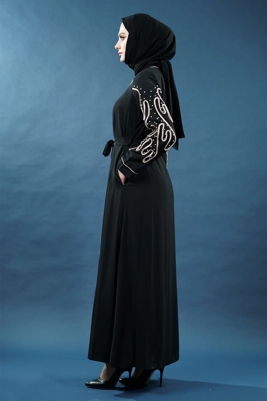 Pearl Embellished Abaya | Zippered | Black