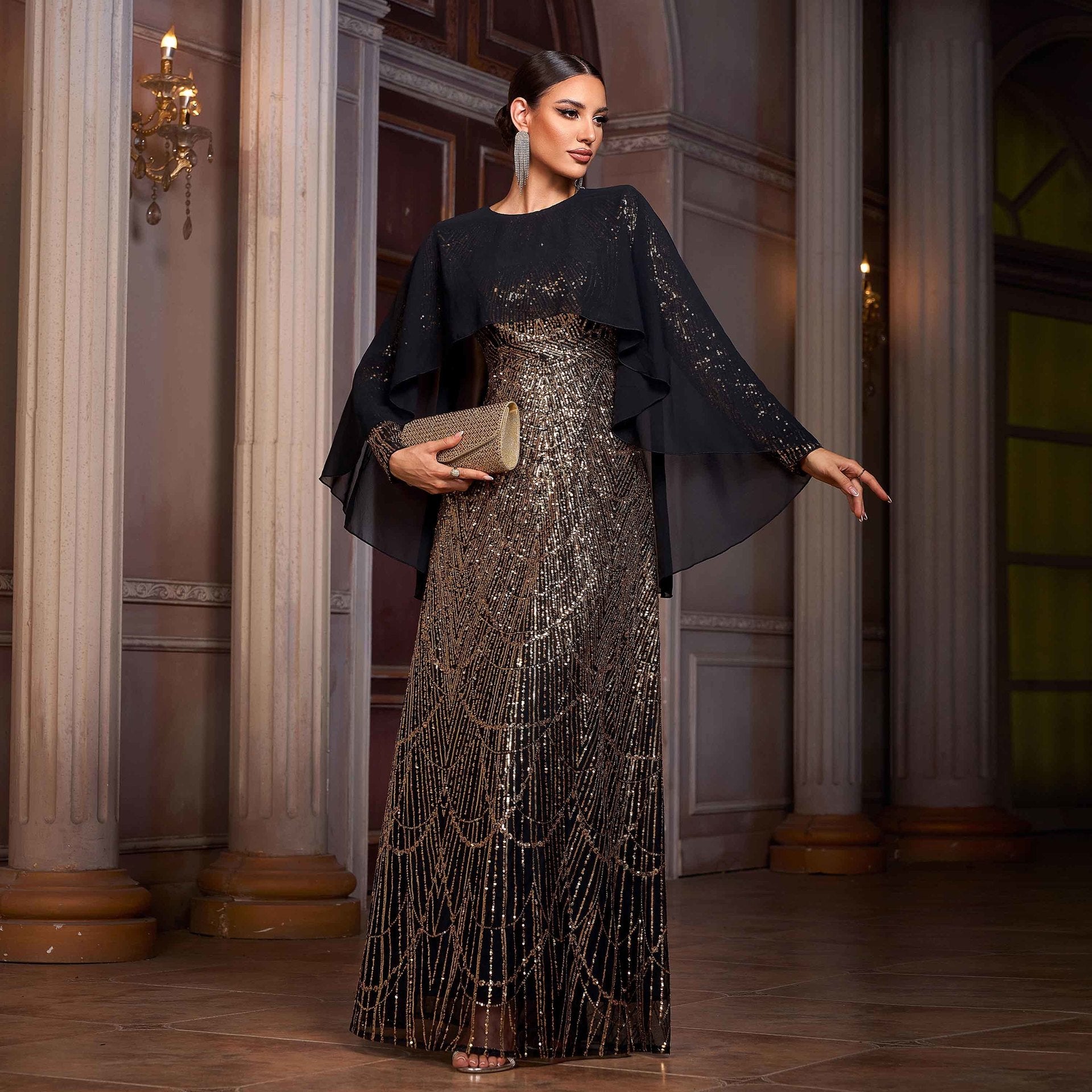 Black & Gold Sequined Evening Gown