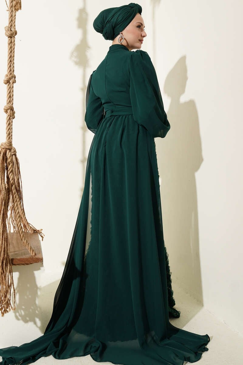 Floral Patterned Tulle Cape Evening Dress – Powder Pink & Emerald Green | Neomodest