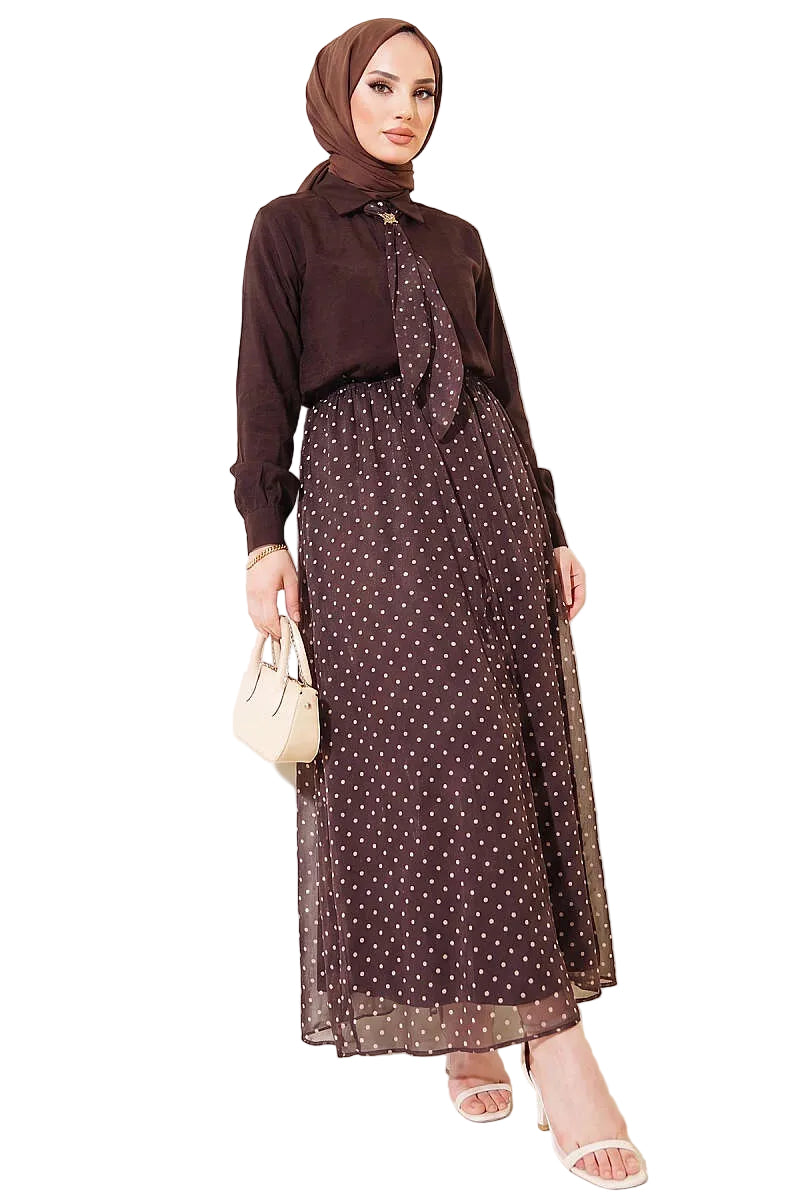 Polka Dot Patterned Two-Pieces Skirt and Scarf Set in Dark Brown
