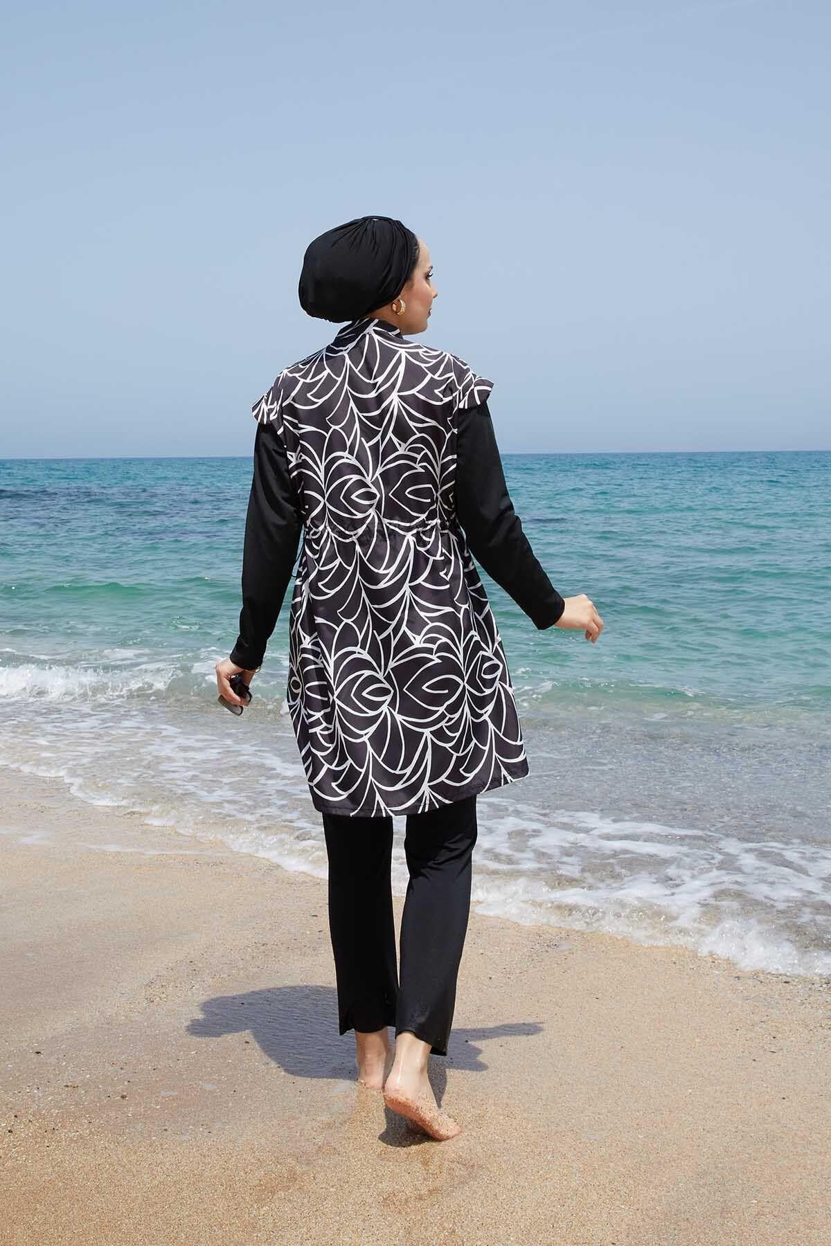Metal Emblem Lycra Modest Swimsuit in Anthracite