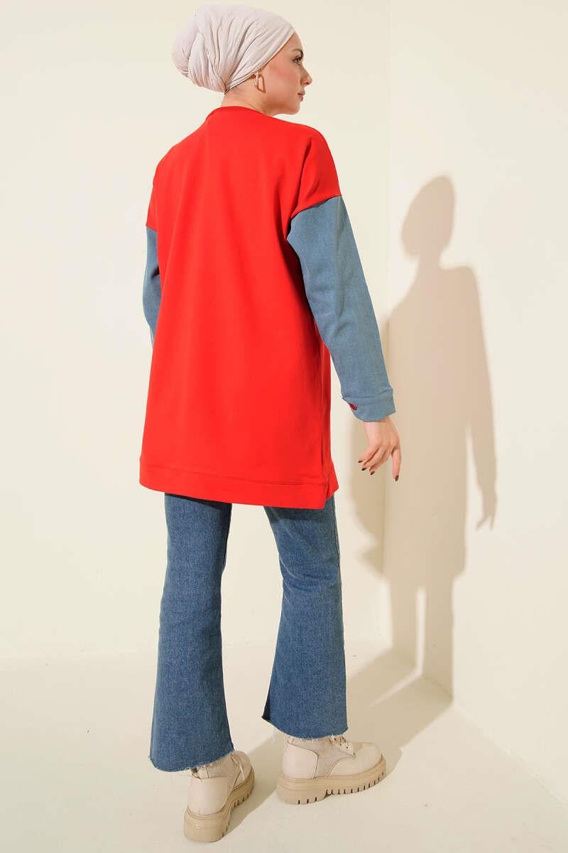 Denim Trimmed Two-String Premium Red Tunic [Pre-Order]