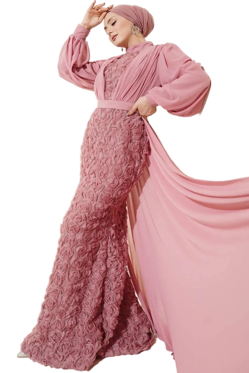Floral Patterned Tulle Cape Evening Dress – Powder Pink & Emerald Green | Neomodest