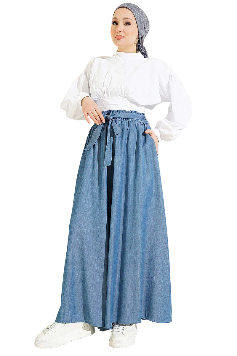 Oversize Indigo Trousers with Tie-Up Hem