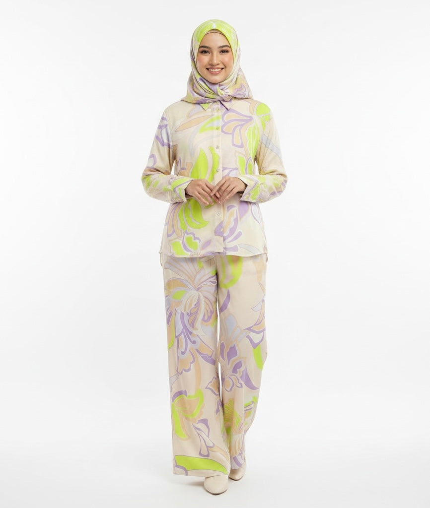French Retro Printed Shirt & Straight-leg Trousers Set | Modest Two-Pieces Suit