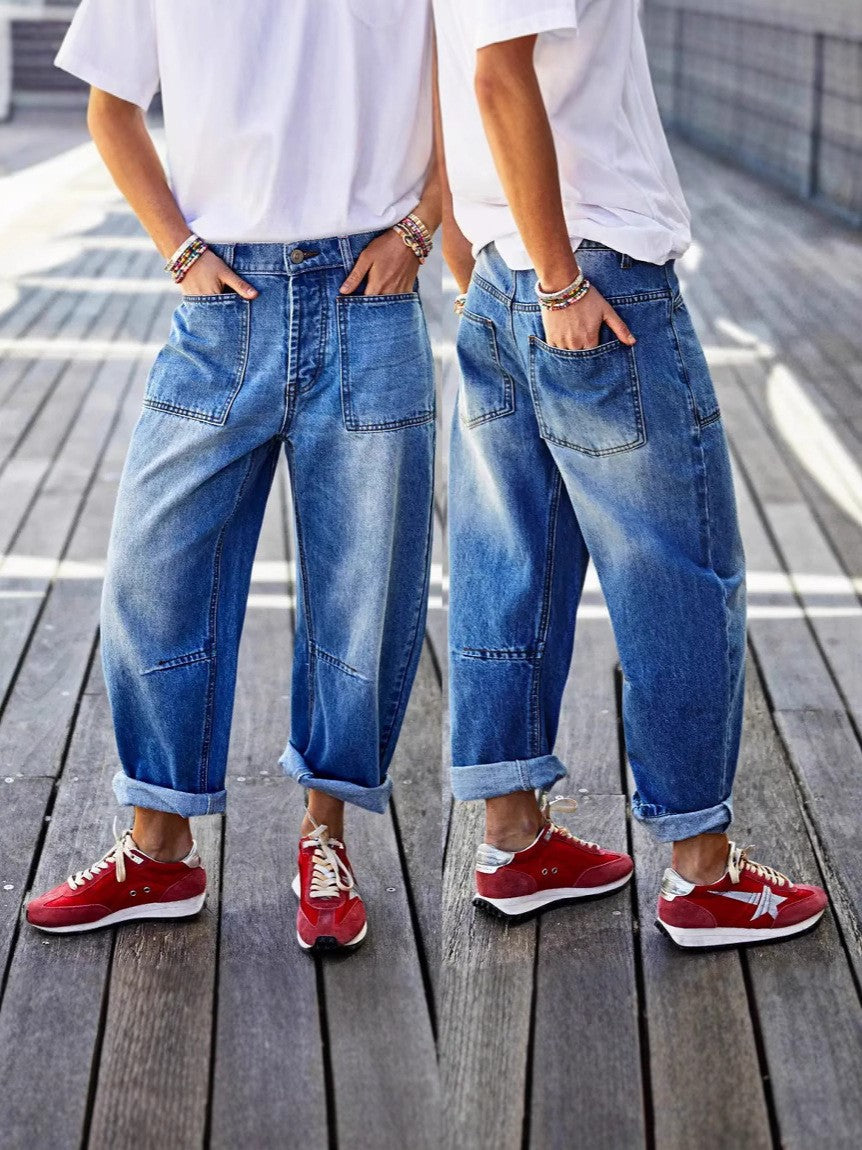 Mid-Rise Cropped Boot-Cut Jeans – Modest Denim in Blue & Grey