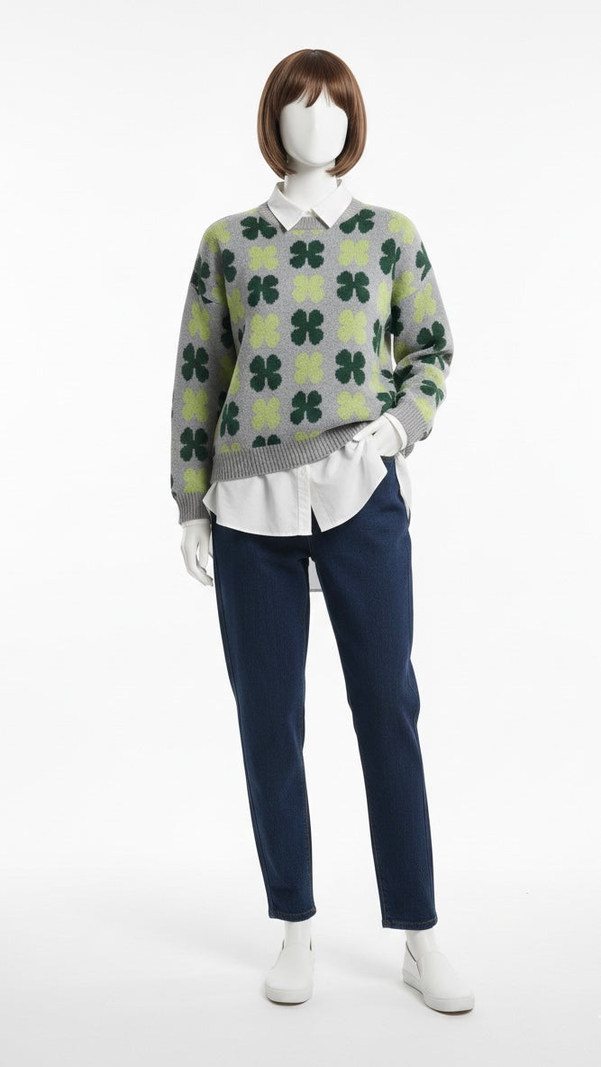 Women's Clover Jacquard Pullover Sweater - Textured Knit Round Neck