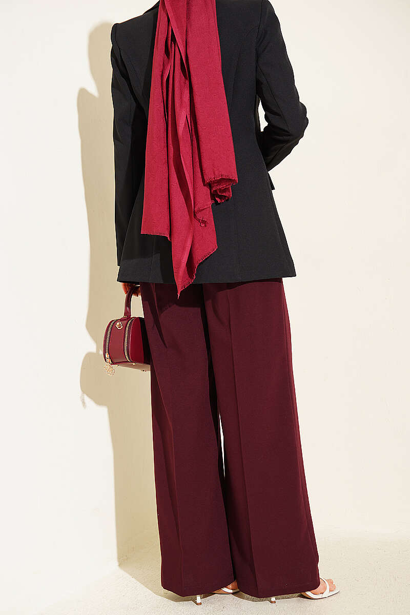 Modest Wide Leg Pleated Buttoned Palazzo Trousers – Burgundy