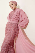Floral Patterned Tulle Cape Evening Dress – Powder Pink & Emerald Green | Neomodest