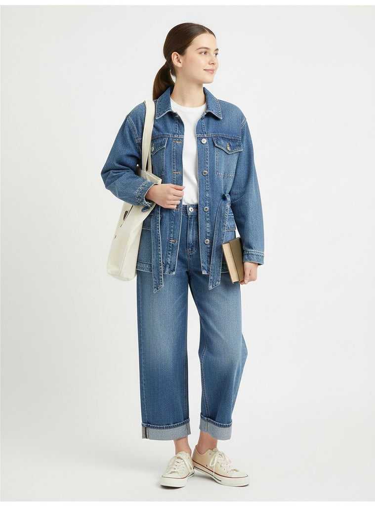 Long Denim Jacket & High Waist Curl Jeans Set | Modest Denim Co-ord