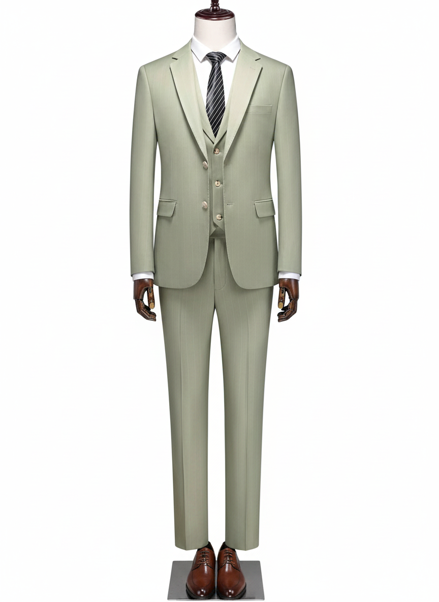 Light green suit on a mannequin with a white background