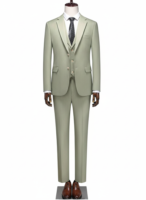 Light green suit on a mannequin with a white background