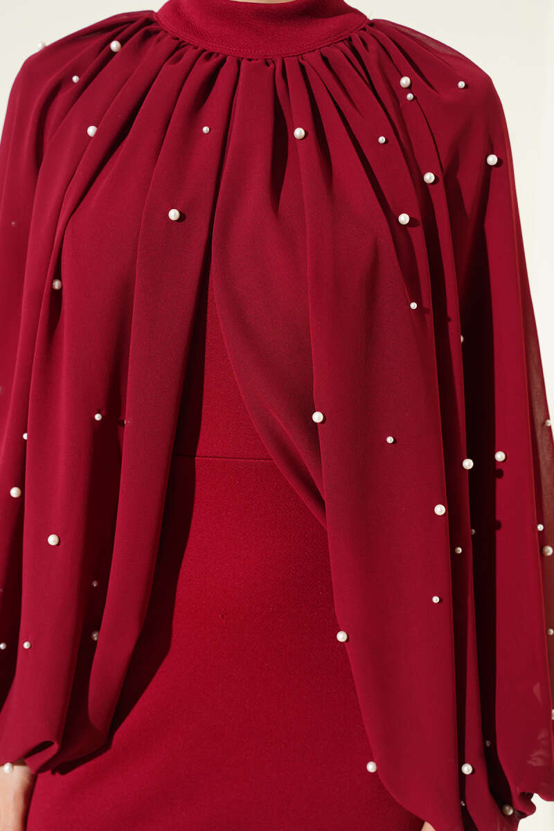 Burgundy Steep Collard Evening Dress with Pearl Cape