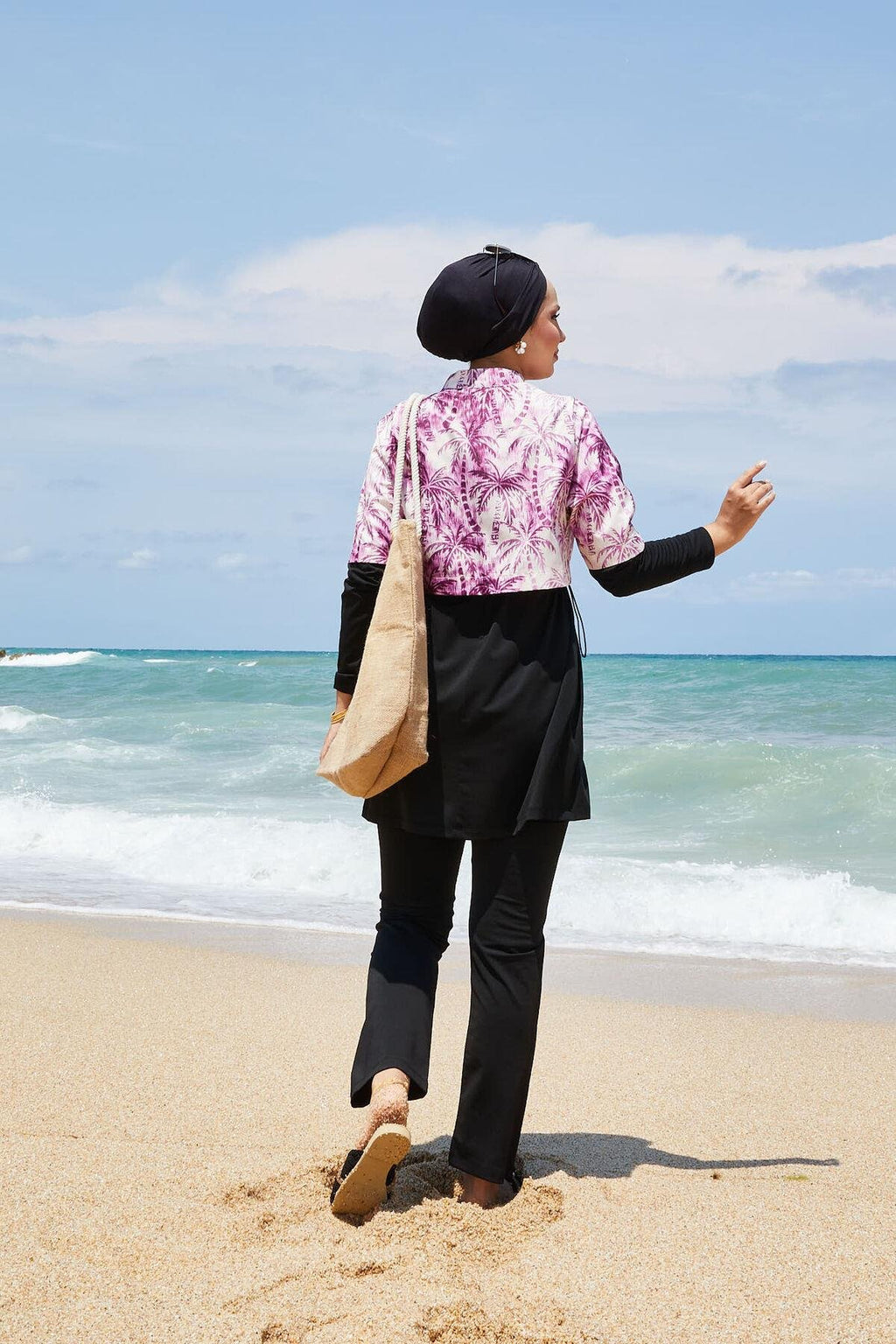 Palm Tree Print Modest Swimsuit with Half Zip — Purple & Brown