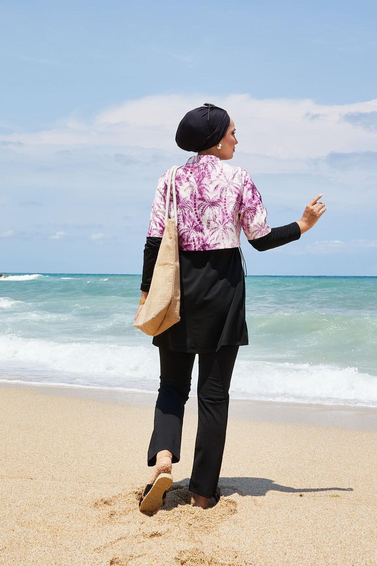 Palm Tree Print Modest Swimsuit with Half Zip — Purple & Brown